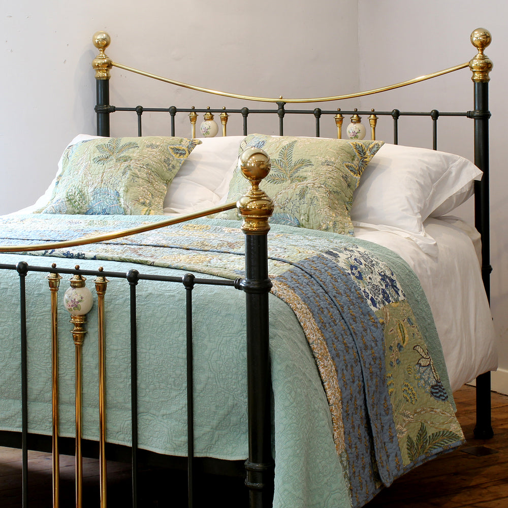 King Size Antique Bed in Olive Green with Floral Ceramic Decoration
