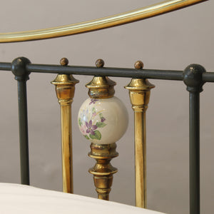 King Size Antique Bed in Olive Green with Floral Ceramic Decoration
