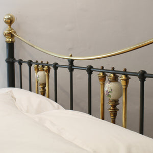 King Size Antique Bed in Olive Green with Floral Ceramic Decoration