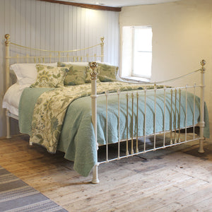 6ft Wide Brass and Iron Antique Bed in Cream