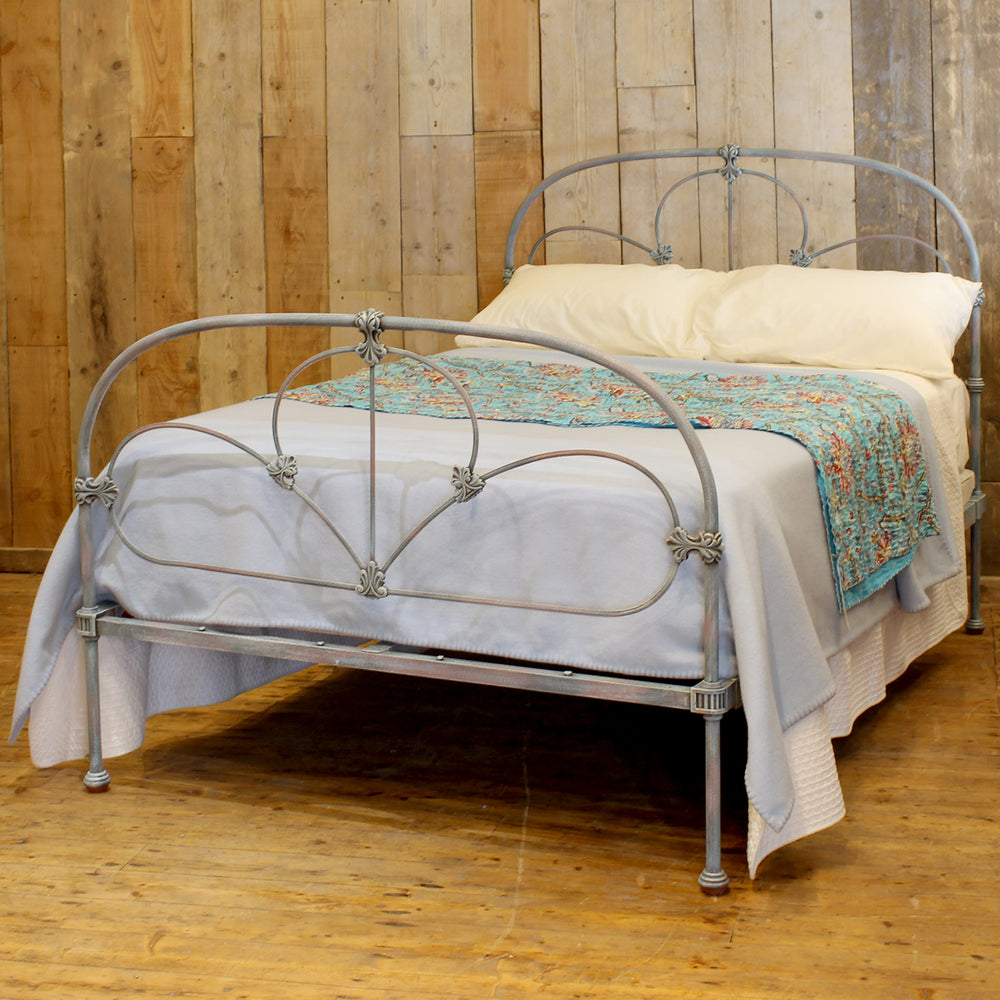 Hand-Painted Blue Double Cast Iron Antique Bed