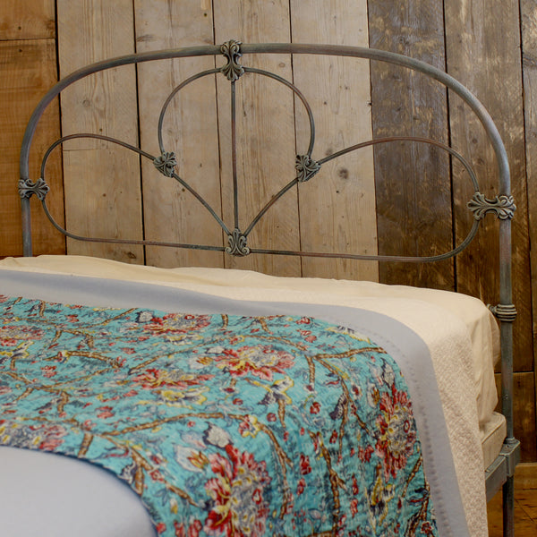 Hand-Painted Blue Double Cast Iron Antique Bed  - Close Up