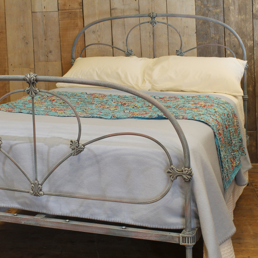 Hand-Painted Blue Double Cast Iron Antique Bed