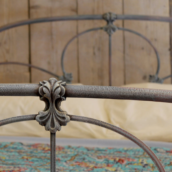 Hand-Painted Blue Double Cast Iron Antique Bed  - Close Up