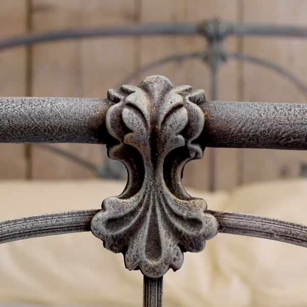 Hand-Painted Blue Double Cast Iron Antique Bed  - Close Up