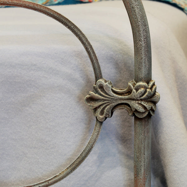 Hand-Painted Blue Double Cast Iron Antique Bed  - Close Up