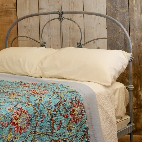 Hand-Painted Blue Double Cast Iron Antique Bed  - Close Up
