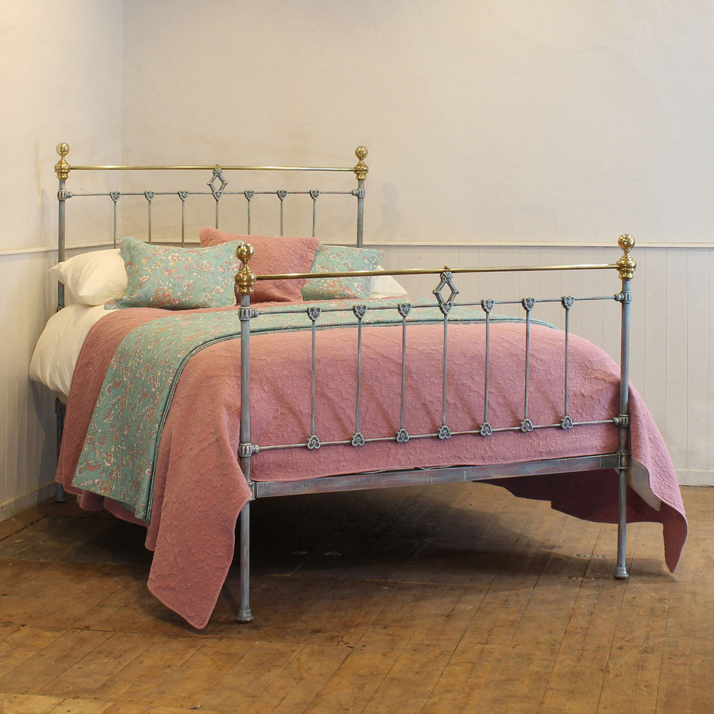 Double Antique Bed Hand-Painted in Blue Verdigris