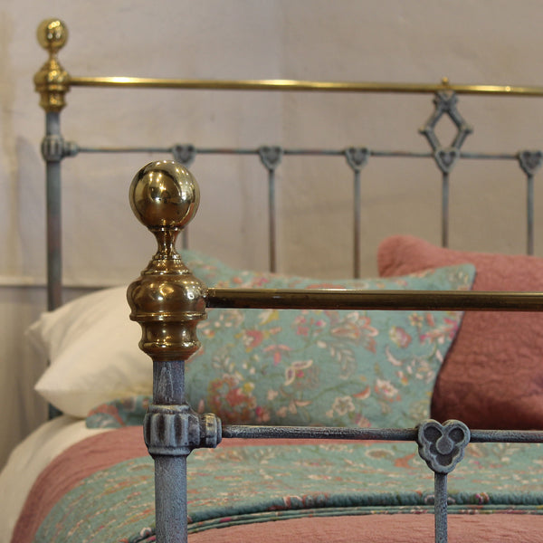 Double Antique Bed Hand-Painted in Blue Verdigris