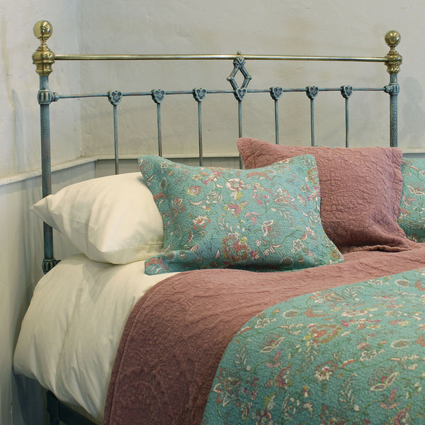 Double Antique Bed Hand-Painted in Blue Verdigris