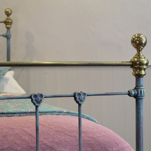 Double Antique Bed Hand-Painted in Blue Verdigris