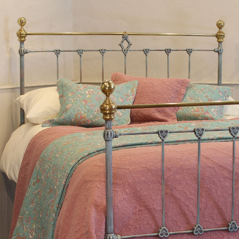 Double Antique Bed Hand-Painted in Blue Verdigris