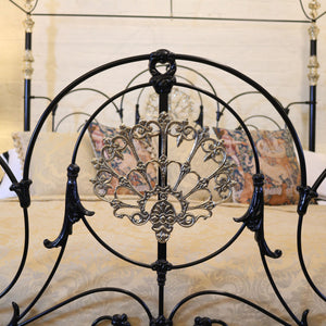 Magnificent super king brass and iron four poster bed with crown and canopy - close up photo