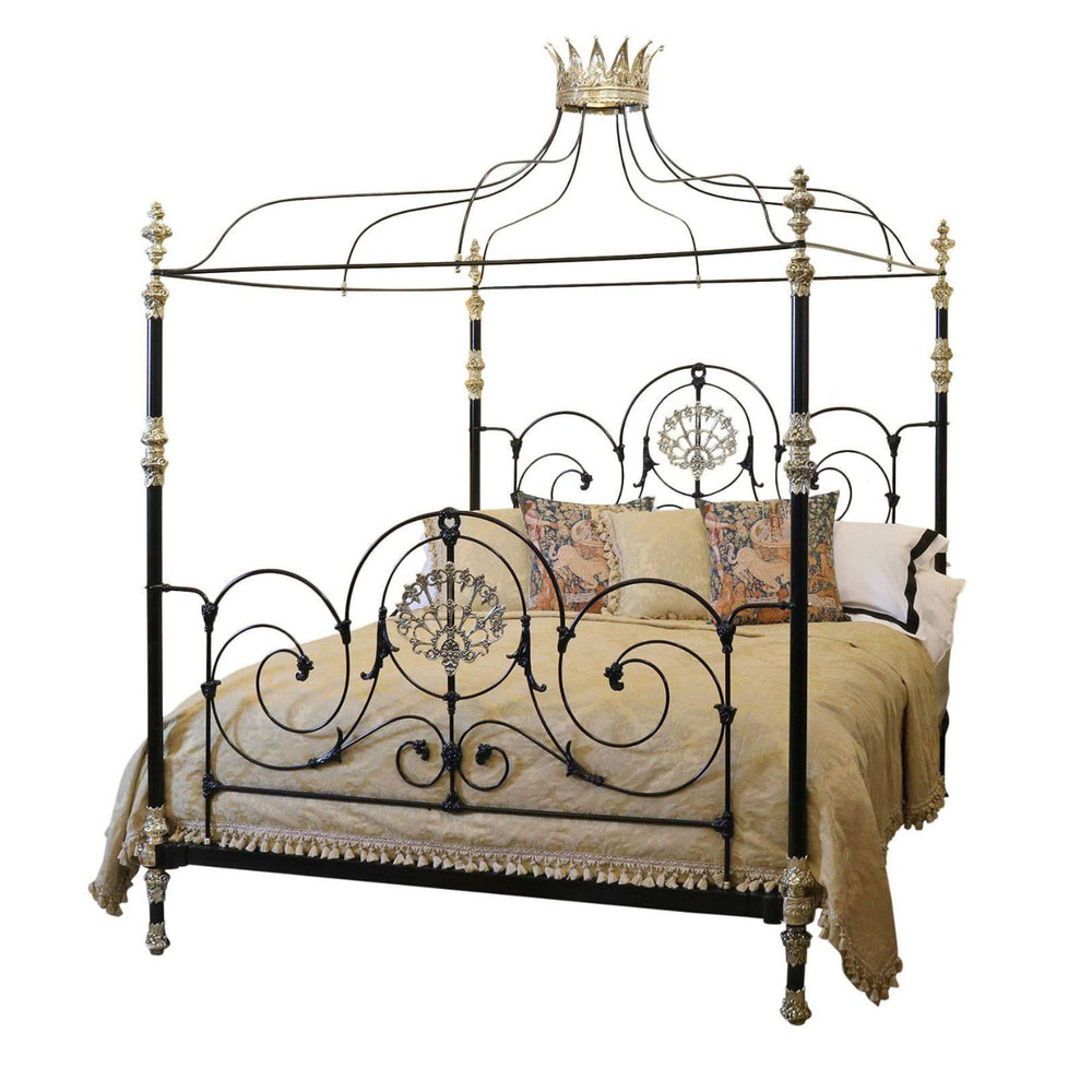 Magnificent super king brass and iron four poster bed with crown and canopy
