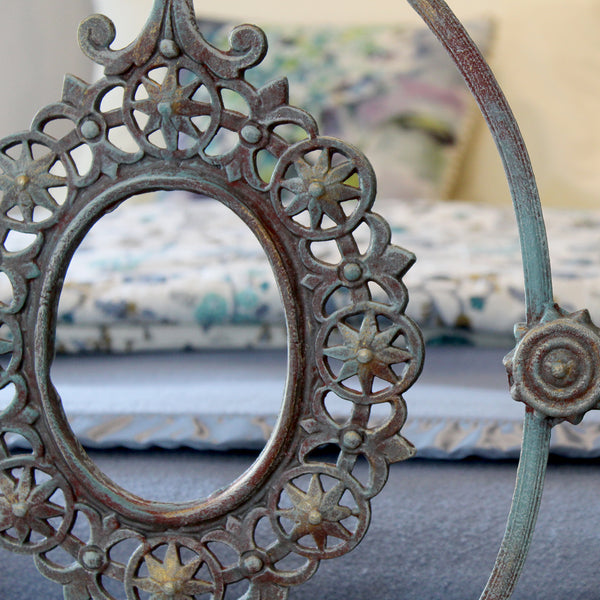 Antique Cast Iron Half Tester Befd in Blue Verdigris - Close Up