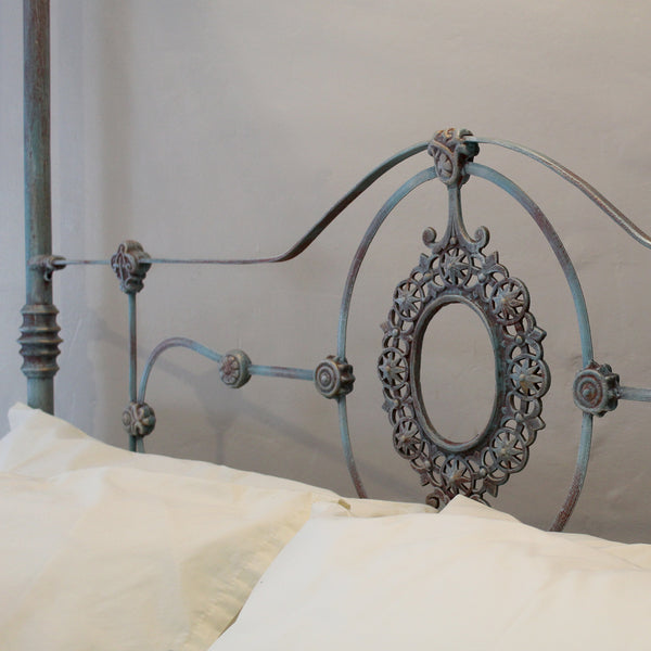 Antique Cast Iron Half Tester Befd in Blue Verdigris - Close Up