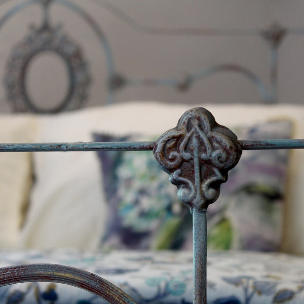Antique Cast Iron Half Tester Befd in Blue Verdigris - Close Up