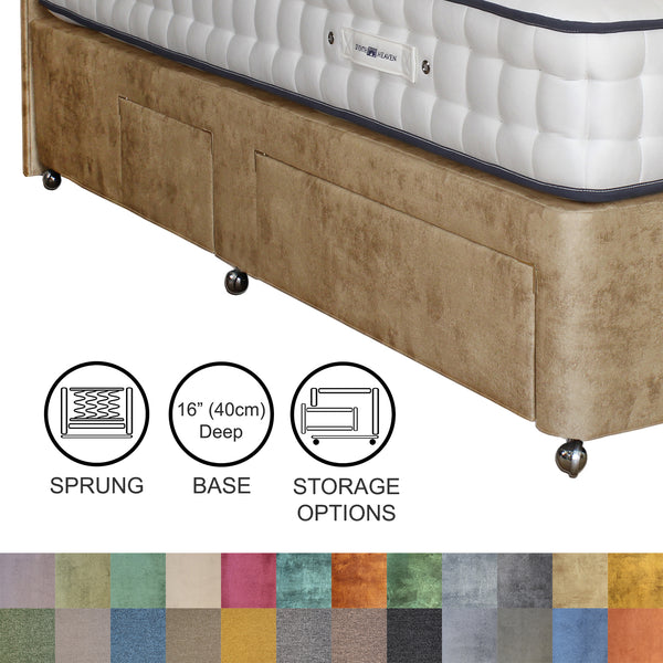 Beige upholstered bed frame with mattress, showing sprung base and storage options on a white background.