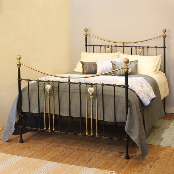 King Antique Bed in Black with Blue Porcelain Ball Decoration