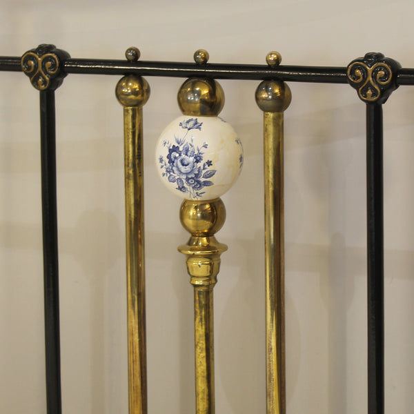 King Antique Bed in Black with Blue Porcelain Ball Decoration