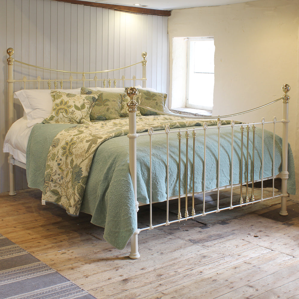 6ft Wide Brass and Iron Antique Bed in Cream 