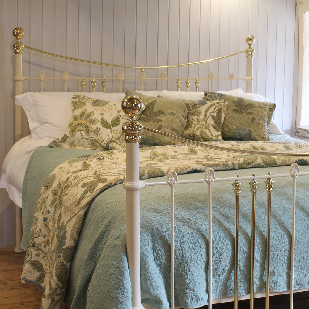 6ft Wide Brass and Iron Antique Bed in Cream 