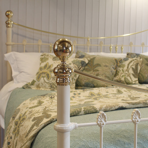 6ft Wide Brass and Iron Antique Bed in Cream 