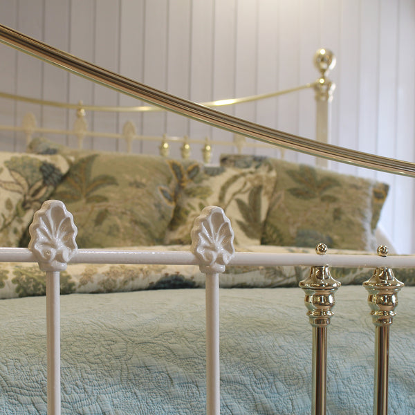 6ft Wide Brass and Iron Antique Bed in Cream 