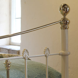 6ft Wide Brass and Iron Antique Bed in Cream 
