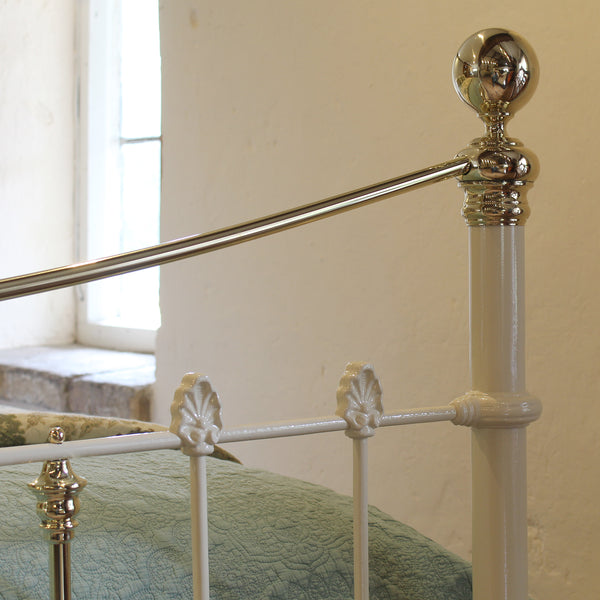 6ft Wide Brass and Iron Antique Bed in Cream 