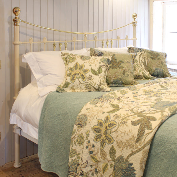 6ft Wide Brass and Iron Antique Bed in Cream 