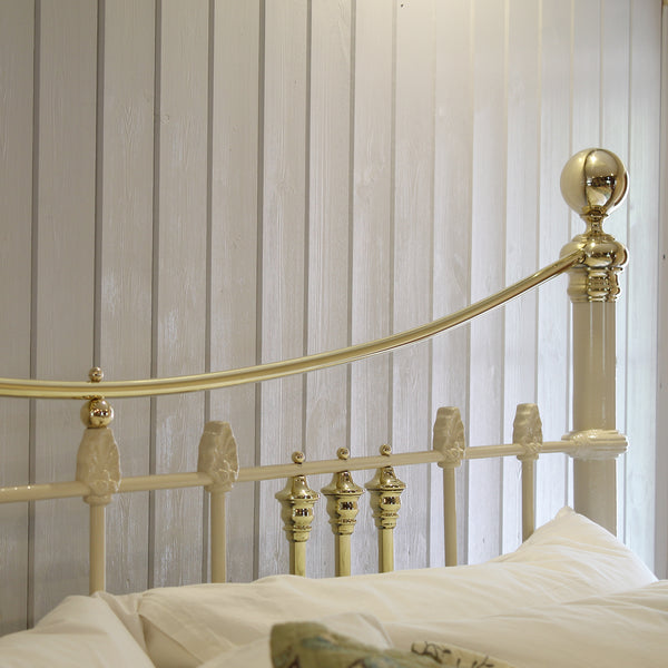 6ft Wide Brass and Iron Antique Bed in Cream 
