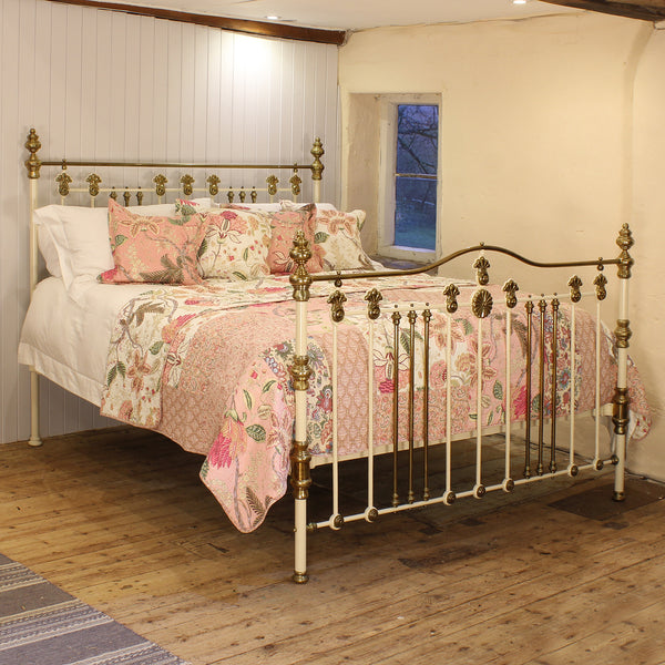 6ft wide super king brass and iron antique bed in cream