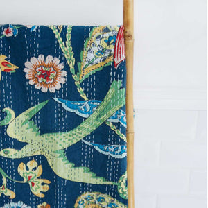 Kantha Throw - Blue Floral Exotic Bird