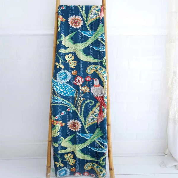 Kantha Throw - Blue Floral Exotic Bird