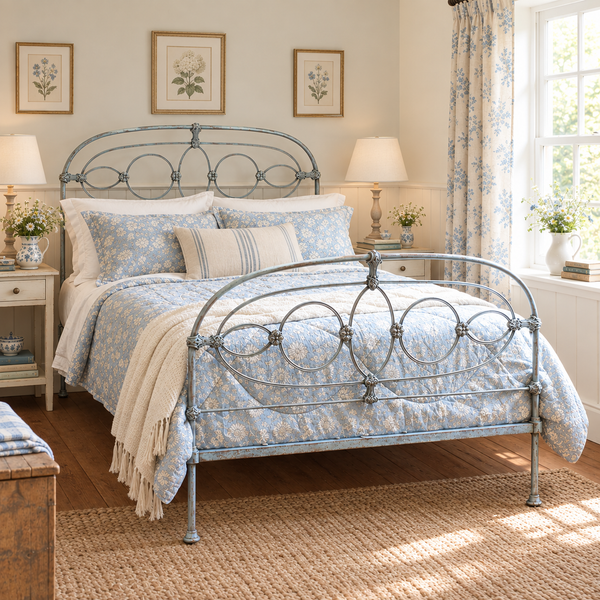 A styled bedroom scene featuring a metal bed frame with a blue and white floral patterned bedding set, cream throw blanket, matching curtains, and framed botanical prints on the wall.