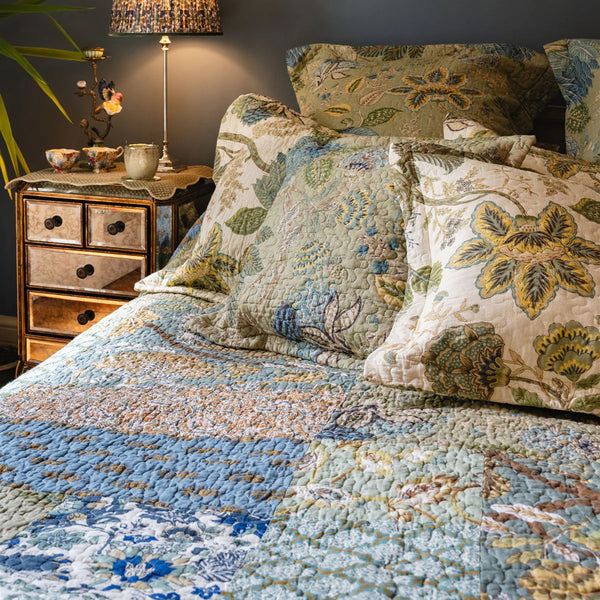 Blue and Green Patchwork Bedspread