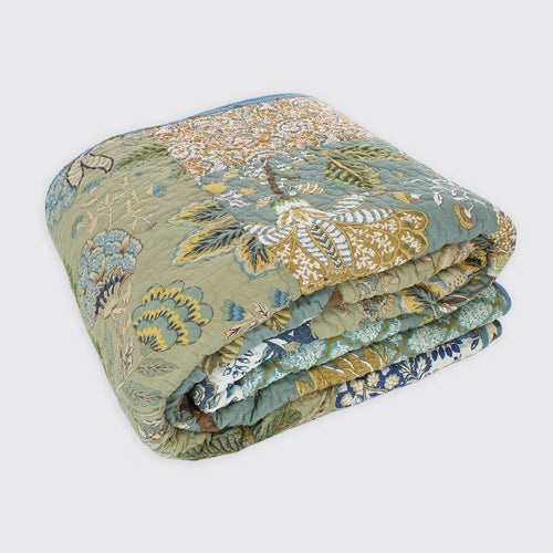 Blue and Green Patchwork Bedspread & Cushions