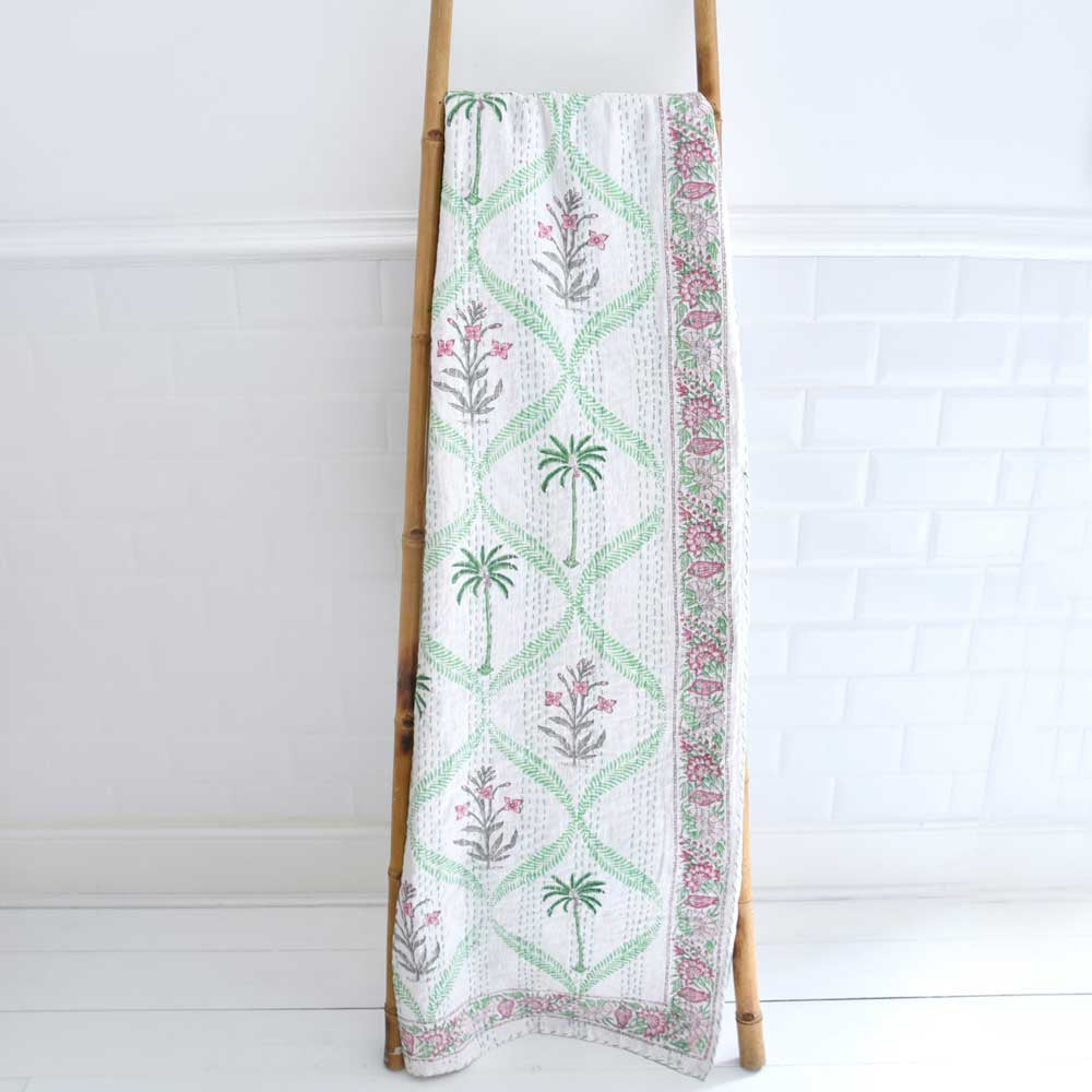 Kantha Throw - Floral Pink Palms