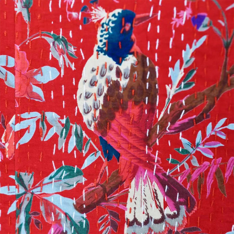 Kantha Throw - Red Exotic Bird