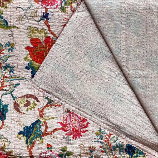 Kantha Throw - Pink Exotic Flowers