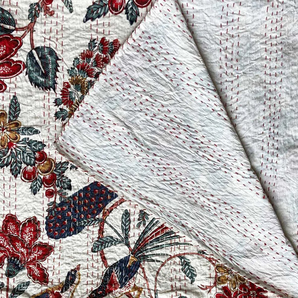 Kantha Throw - White Peacock